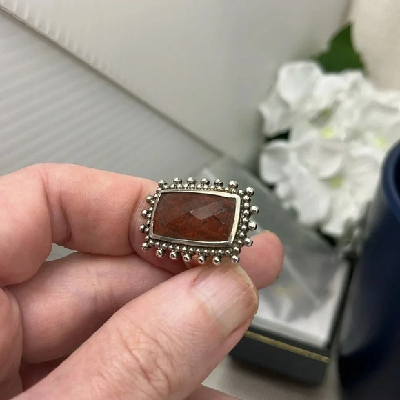 Vintage Sterling Silver Jasper Ring with Ornate Beaded Setting – Size 6.75 - Picture 8 of 14